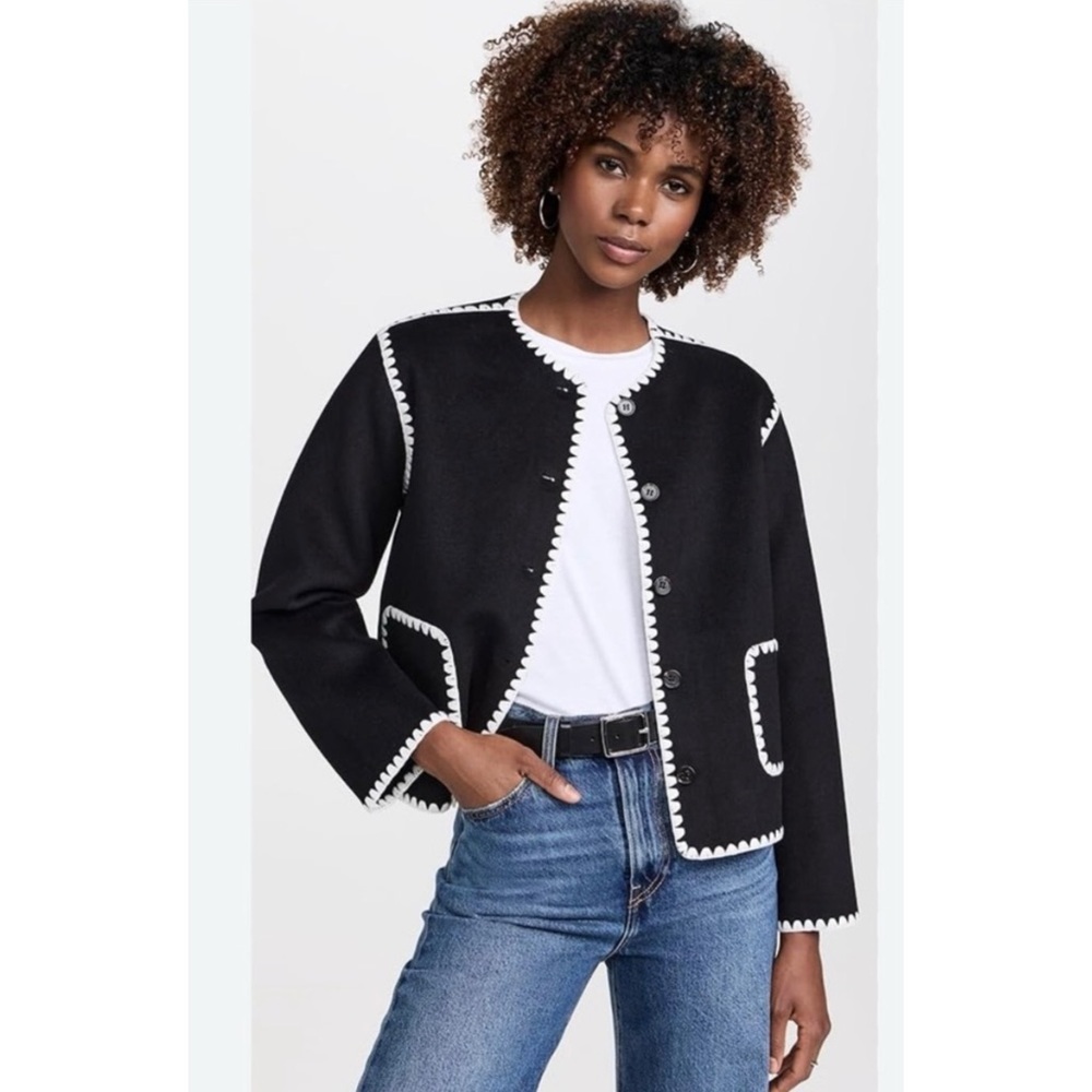 Rails Melanie Crewneck Whipstitch Wool Blend Cardigan Jacket in Black NEW - Picture 2 of 10